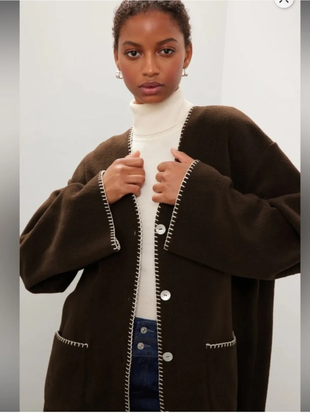 SOLD Donni Polar Fleece Brown Button-Front Contrast Stitch Cardigan XS - Picture 5 of 8